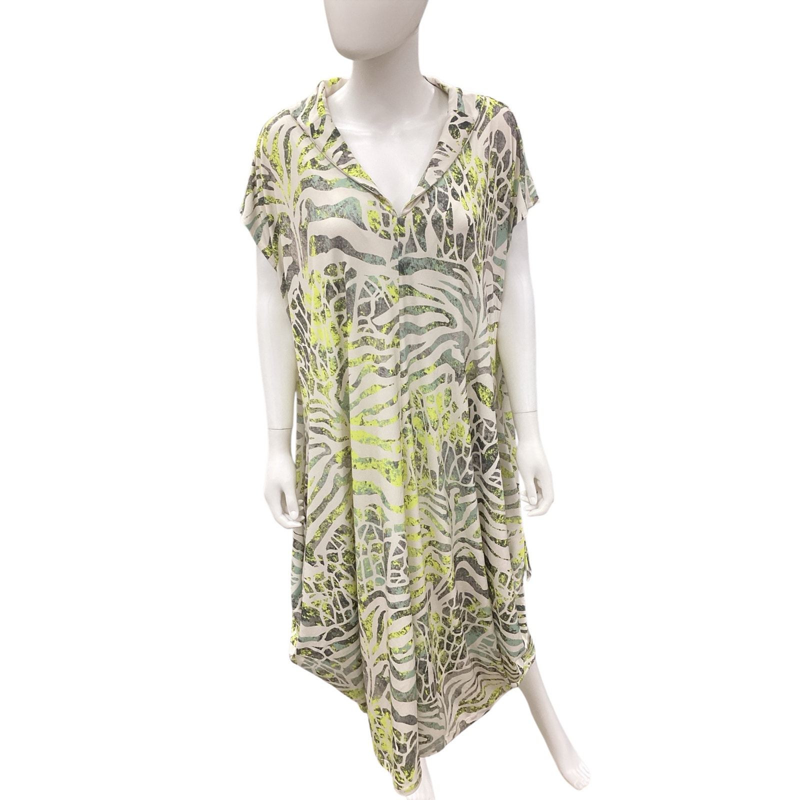Nwt Kozan Dress Women’s Size 1x Cap Sleeve Stretchy Abstract Print Cream & Green